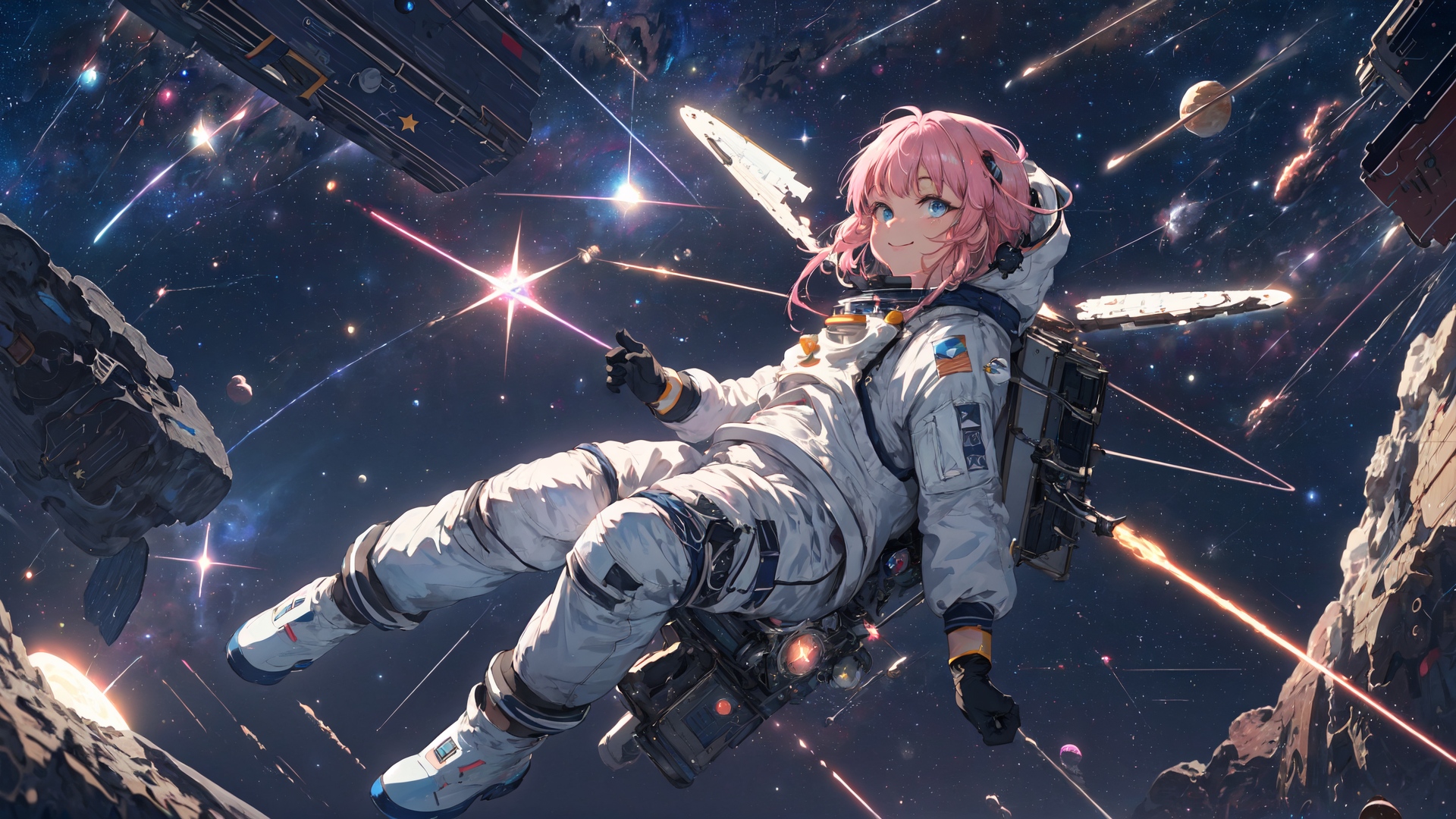 masterpiece,best quality,1girl,solo,pink hair,blue eyes,white spacesuit,gloves,spread arms,astronaut,floating,full body,sm...